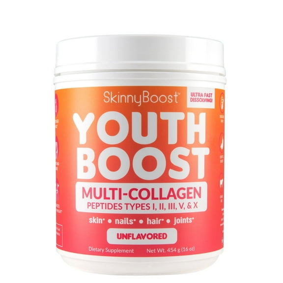 SkinnyBoost Youth Boost Advanced Multi-Collagen Powder - 5 Types of Hydrolyzed Collagen Peptides for Hair, Skin, Nails & Joints. Fast Dissolving, Grass Fed, Keto Friendly - Unflavored(58 Servings)