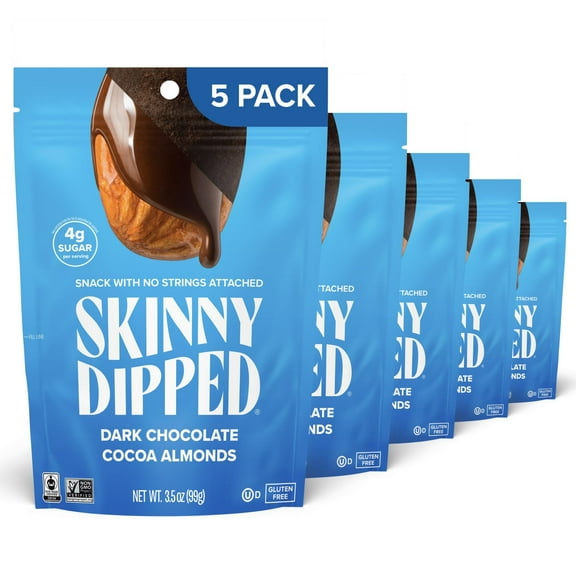 SkinnyDipped Dark Chocolate Cocoa Almonds, MDA05Healthy Snack, Plant Protein, Gluten Free, 3.5 oz Resealable Bags (Pack of 5)