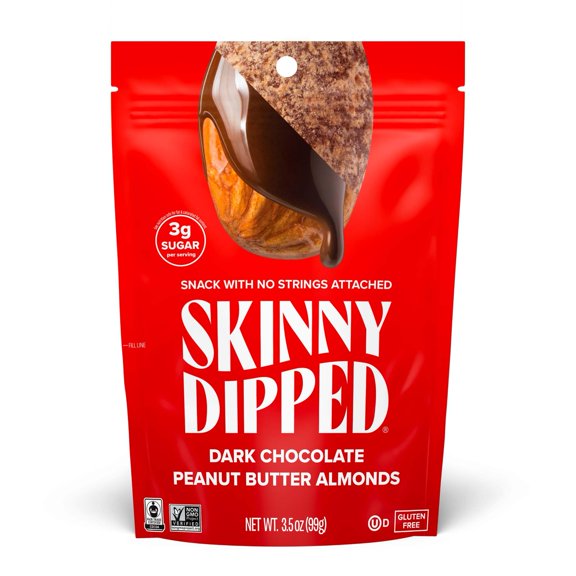 SkinnyDipped Dark Chocolate TWE5Peanut Butter Almonds, Healthy Snack, Plant Protein, Gluten Free, 3.5 oz Resealable Bags, Pack of 1