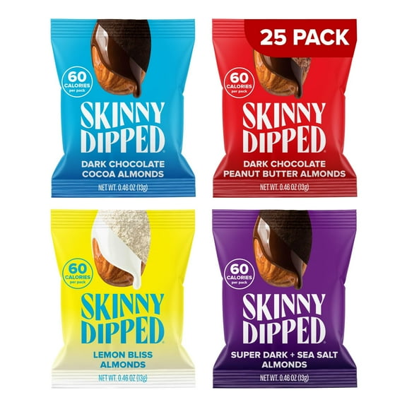 SkinnyDipped Snack Attack Minis Almond Variety Pack, Healthy Snack, Plant Protein, Gluten Free, 0.46 oz Mini Bags, Pack of 25