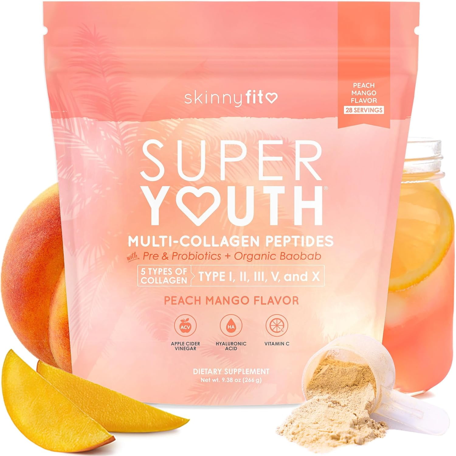 SkinnyFit - Super Youth Collagen for Women - Multi Collagen Peptides Powder - Probiotics, Fiber, Hyaluronic Acid - Non GMO, Gluten Free, Sugar Free - Beauty & Self Care - Peach Mango (28 Servings)
