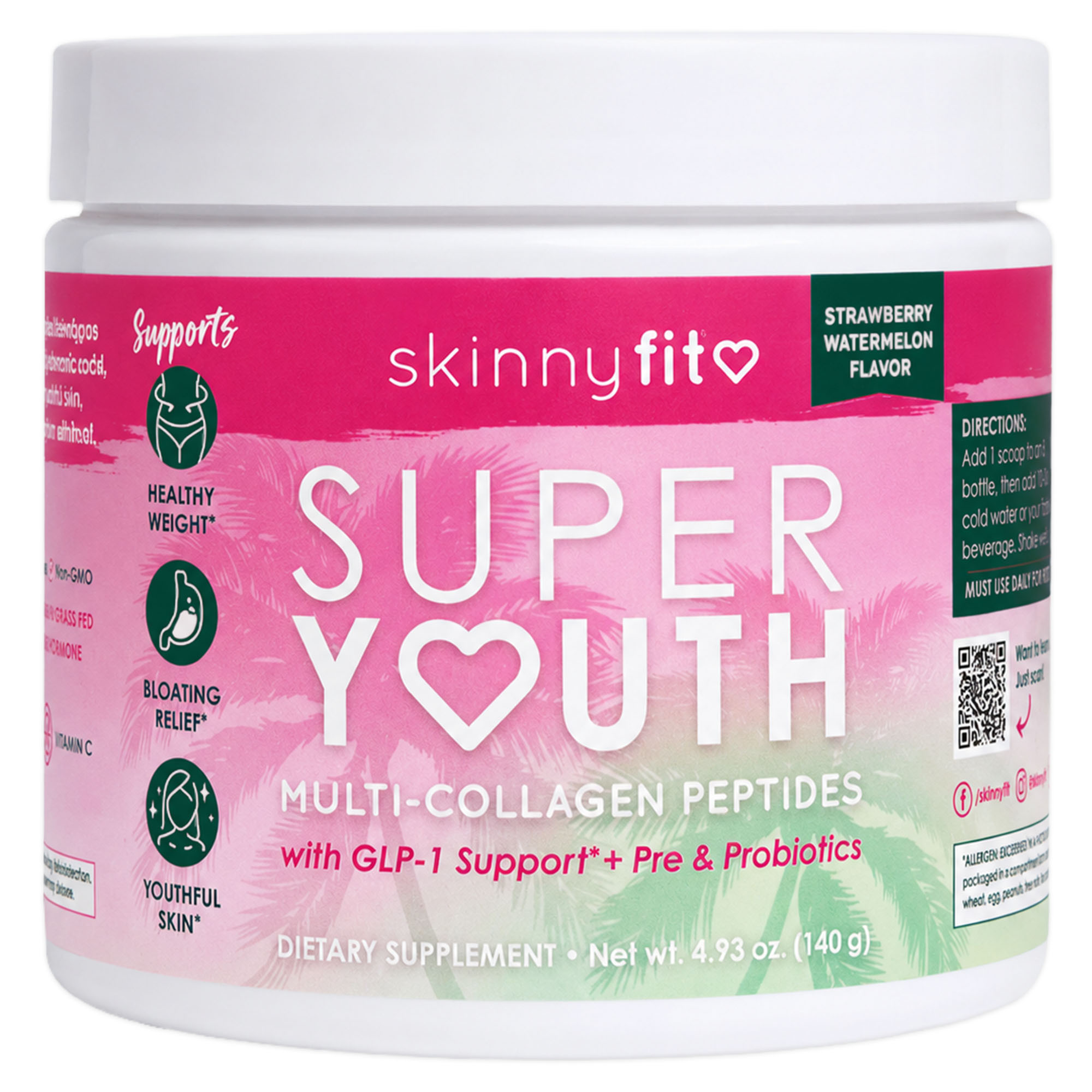 SkinnyFit Super Youth Péptidos de Colágeno Multi-Colágeno en Polvo para la Salud de la Piel y las Articulaciones, Sabor Fresa y Sandía, 14 Porciones