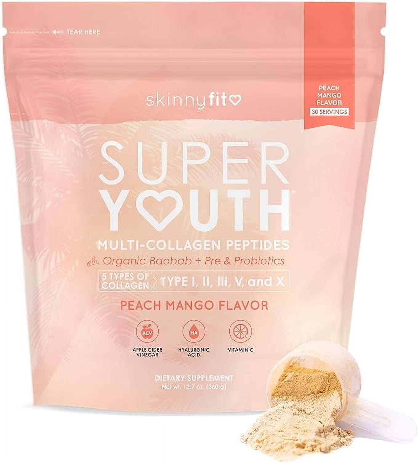 SkinnyFit Super Youth Peach Mango Multi-Collagen Peptides + Probiotics, Baobab Fiber, Apple Cider Vinegar, Hyaluronic Acid, & Vitamin C, Skin, Hair, Joint & Metabolism Support, 30 Servings