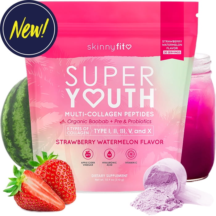 SkinnyFit Super Youth Strawberry Watermelon Multi-Collagen Peptides + Probiotics, Baobab Fiber, Apple Cider Vinegar, Hyaluronic Acid, & Vitamin C, Skin, Hair, Joint & Metabolism Support, 30 Servings