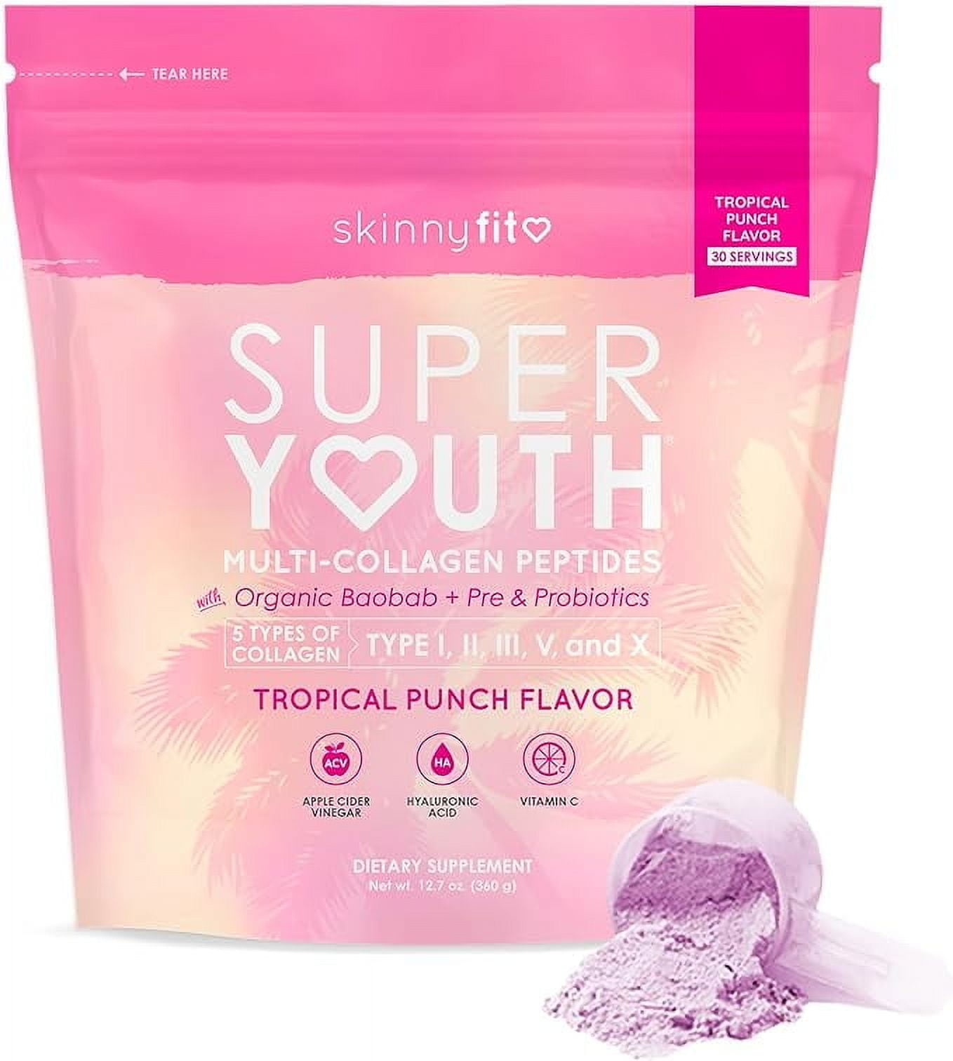 SkinnyFit Super Youth Tropical Punch Multi-Collagen Peptides + Probiotics, Baobab Fiber, Apple Cider Vinegar, Hyaluronic Acid, \u0026 Vitamin C, Skin, Hair, Joint \u0026 Metabolism Support, 30 Servings