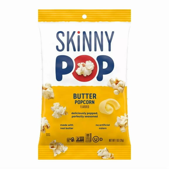 SkinnyPop Butter Popcorn, Made with Real Butter, Gluten-Free Snack, 1 oz Single Serve Bags, 12-Count
