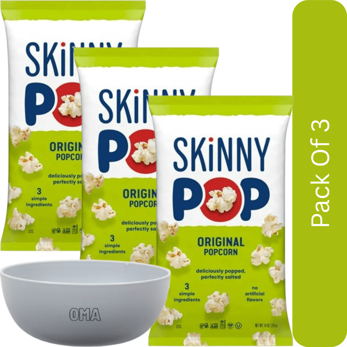 SkinnyPop Original Popcorn, 14 oz -3pk, With Olive White Bowl By OMA