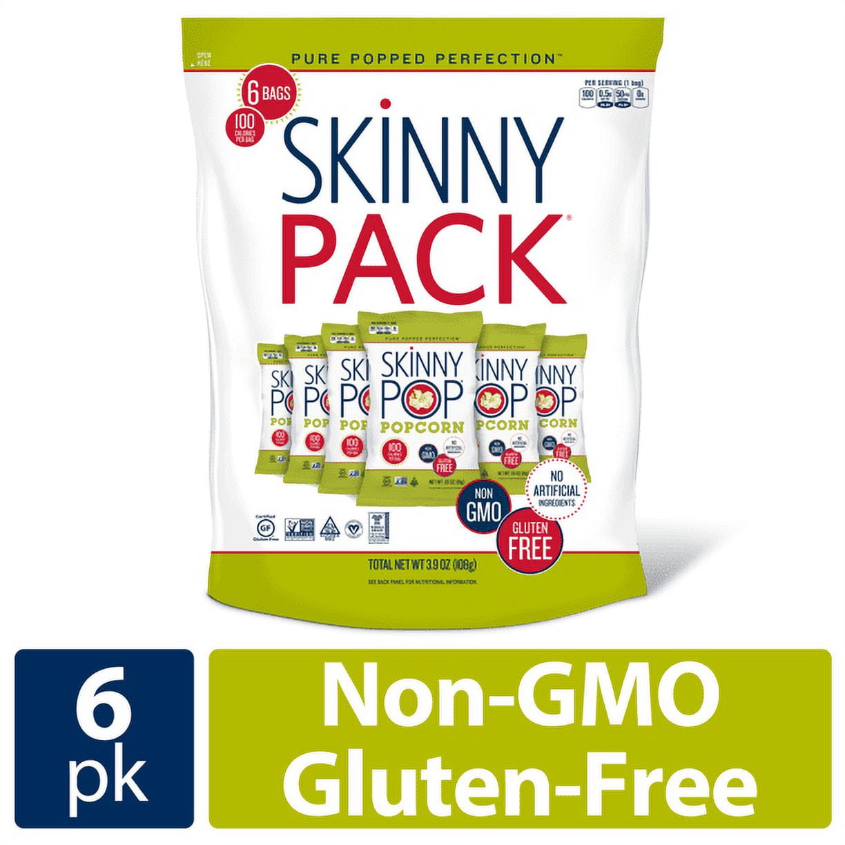 SkinnyPop Original Popcorn, Skinny Pack, Gluten-Free, 0.65 oz Bags, 6 Ct