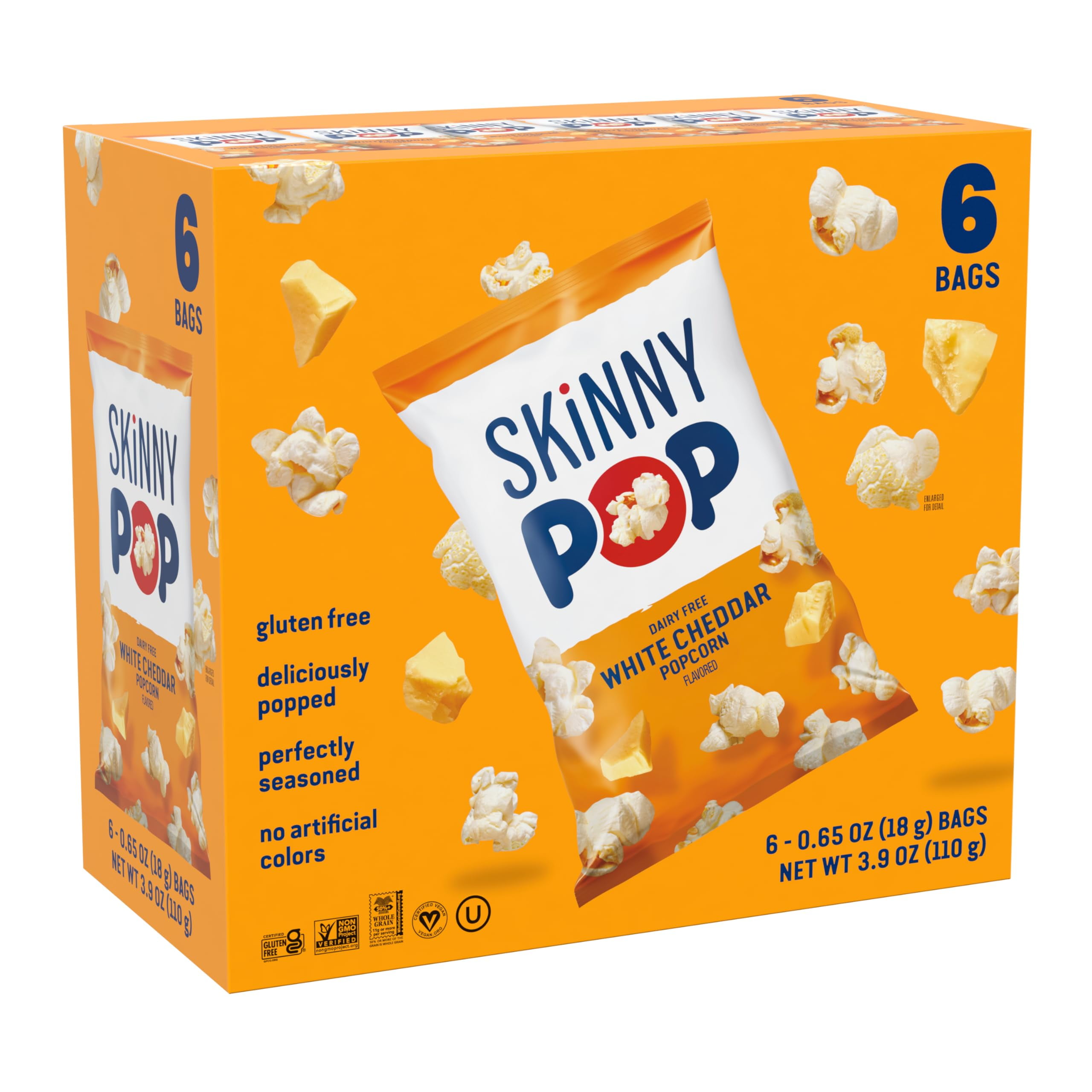 SkinnyPop Popcorn, White Cheddar, MFF30 Whole Grain, Dairy-Free Snack, 0.65oz Bags (6ct)