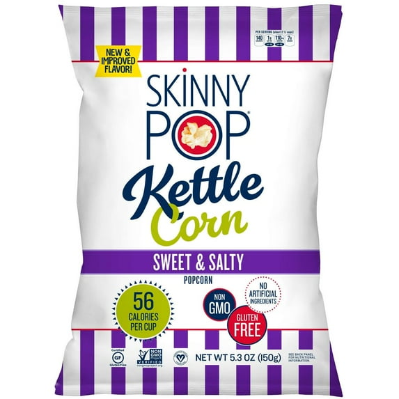 SkinnyPop Sweet & Salty Kettle Popcorn, Gluten Free, Non-GMO, Healthy Popcorn Snacks, Skinny Pop, 5.3oz Grocery Size Bags (12 Count)