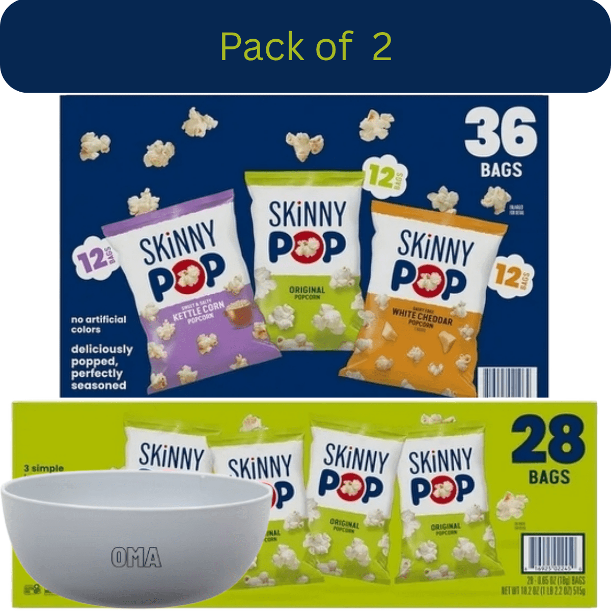 SkinnyPop Variety Snack Pack Popcorn, 0.5 oz., 36 pk. & Original Popcorn Snack Bags, 0.65 oz., 28 pk. with bowl by OMA