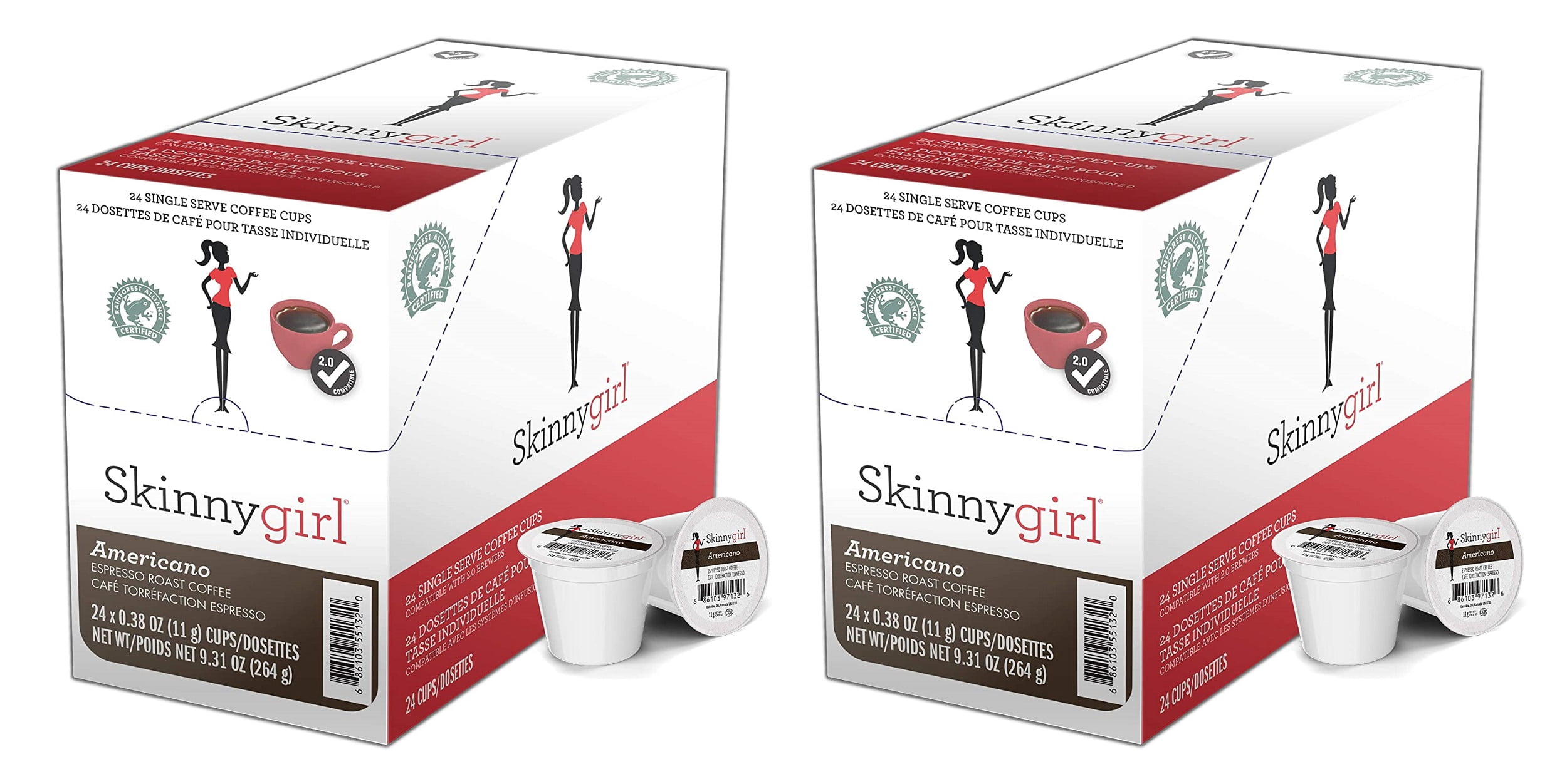 Skinnygirl Coffee Pods, Americano, Espresso Roast Coffee in Single Serve Pods for Keurig K Cups Brewers, 24 Count Per Box, 2 Boxes