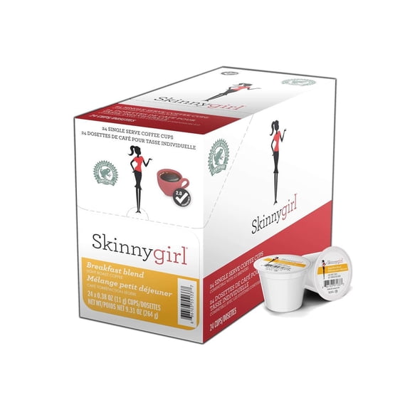 Skinnygirl Coffee Pods, Breakfast Blend, Single Serve Coffee for Keurig K Cups Machines, Hot or Iced Coffee, Light Roast Coffee in Recyclable Pods, 24 Count