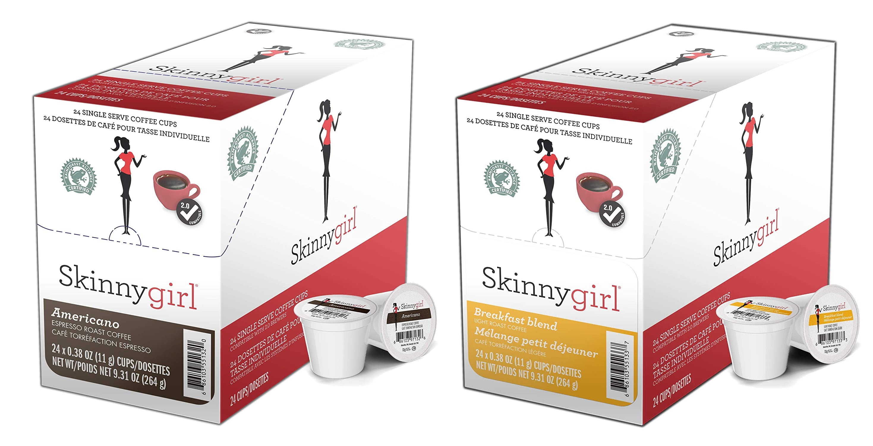 Skinnygirl Flavored Coffee Pods, Single Serve Coffee for Keurig K Cups Machines, 24 Count Americano Espresso Roast and 24 Count Breakfast Blend, 48 Total Recyclable Pods