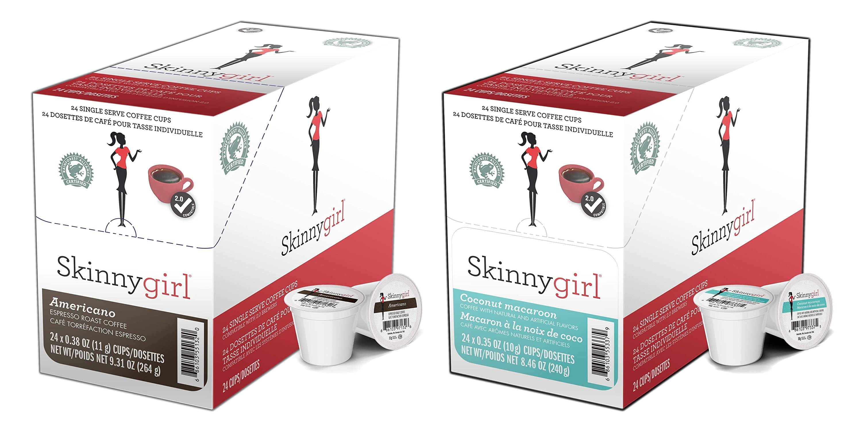 Skinnygirl Flavored Coffee Pods, Single Serve Coffee for Keurig K Cups Machines, 24 Count Americano Espresso Roast and 24 Count Coconut Macaroon, 48 Total Recyclable Pods