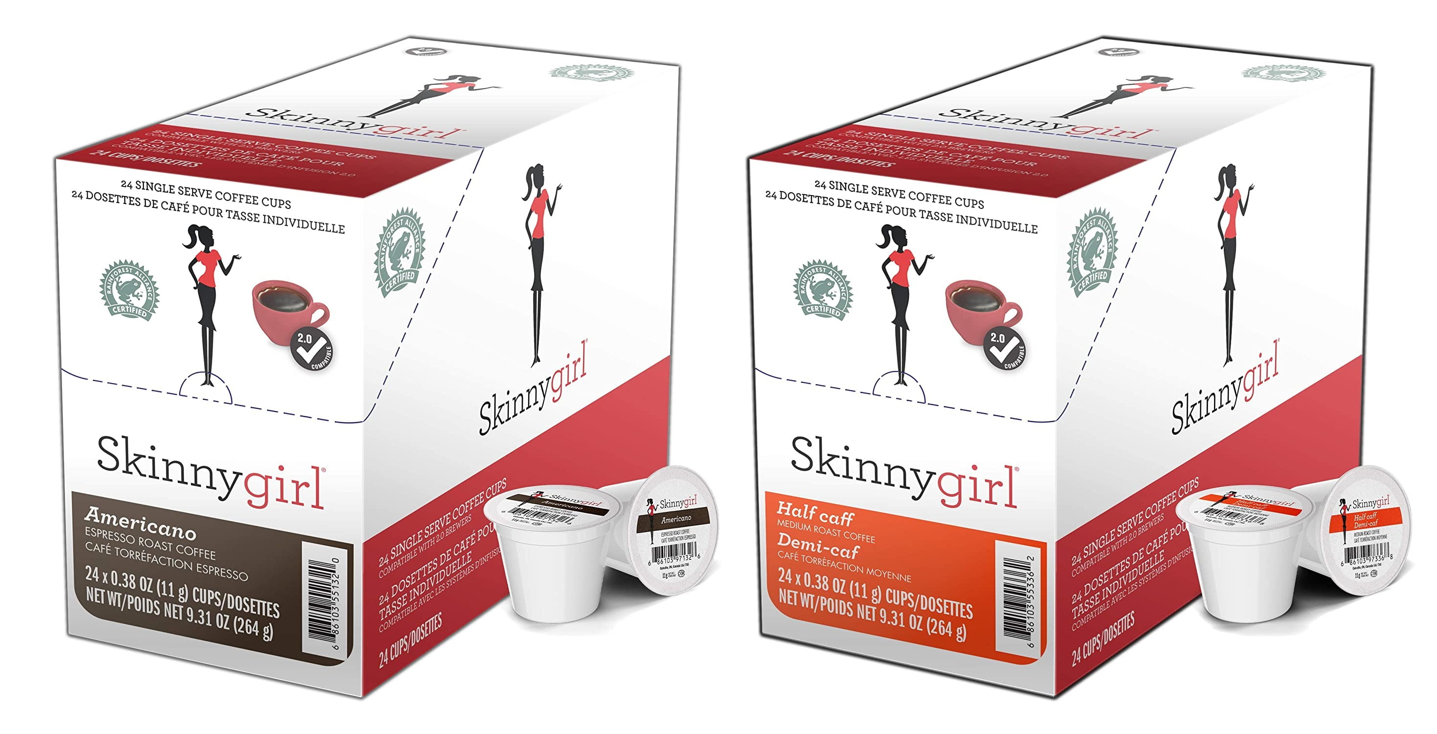 Skinnygirl Flavored Coffee Pods, Single Serve Coffee for Keurig K Cups Machines, 24 Count Americano Espresso Roast and 24 Count Half-Caff Reduced Caffeine, 48 Total Recyclable Pods