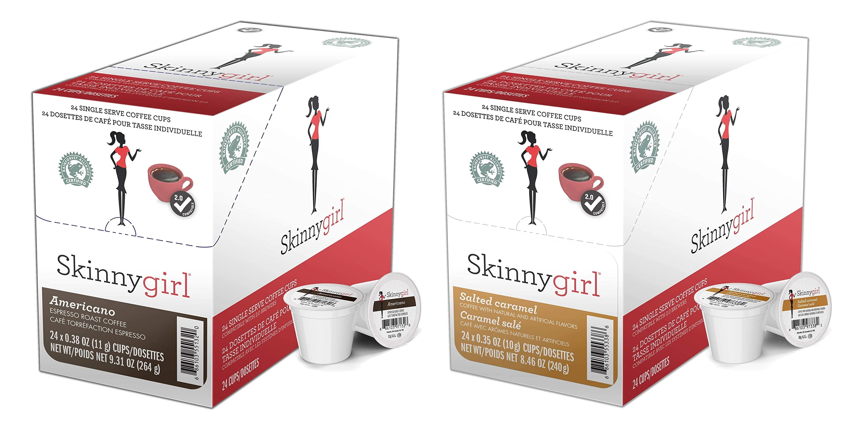 Skinnygirl Flavored Coffee Pods, Single Serve Coffee for Keurig K Cups Machines, 24 Count Americano Espresso Roast and 24 Count Salted Caramel, 48 Total Recyclable Pods
