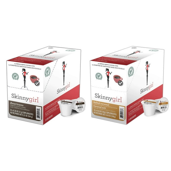 Skinnygirl Flavored Coffee Pods, Single Serve Coffee for Keurig K Cups Machines, 24 Count Americano Espresso Roast and 24 Count Salted Caramel, 48 Total Recyclable Pods