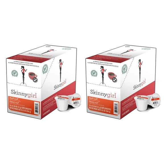 Skinnygirl Half Caff Coffee Pods, Reduced Caffeine Medium Roast Coffee in Single Serve Pods for Keurig K Cups Brewers, 24 Count Per Box, 2 Boxes