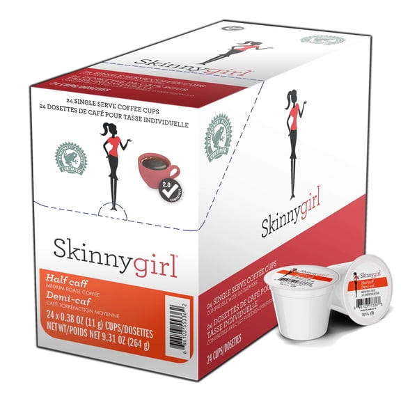 Skinnygirl Half Caff Coffee Pods, Reduced Caffeine Medium Roast Coffee in Single Serve Pods for Keurig K Cups Brewers, 24 Count Per Box, 2 Boxes
