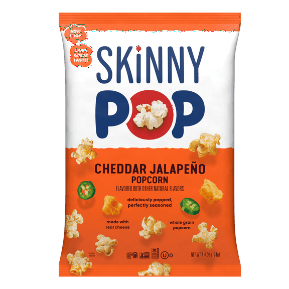 Skinnypop Gluten Free Cheddar Jalapeno, 4.4 oz Sharing Size Bag, Skinny Pop, Healthy Popcorn Snacks - 4 Pack