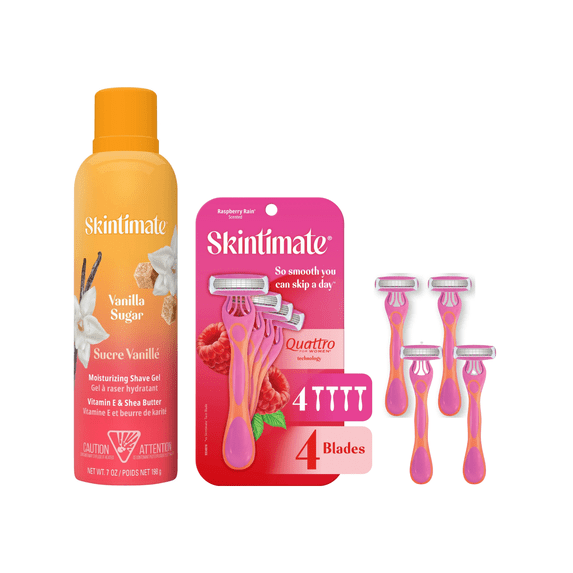 Skintimate Vanilla Sugar Shave Gel for Women, Moisturizing Shaving Cream, 7oz + Raspberry Rain Womens Disposable Razors, 4ct Variety Pack