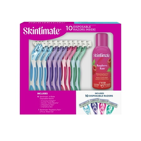 Skintimate Women's Disposable Razor Variety Gift Set with 3 Coconut Delight, 3 Exotic Violet Bloom, 2 Raspberry Rain, 2 Sensitive Skin Disposable Razors, 1 Skintimate Raspberry Rain 2.75 oz. Shave Gel