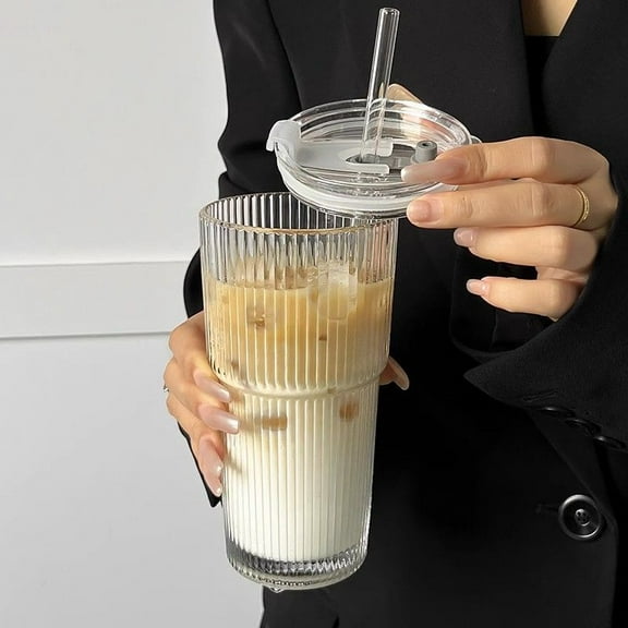 Skinuretic Glass Tumbler 20oz with Lid and Straw, Aesthetic Ribbed Glass Cup, Leak-Proof for Iced Coffee & Smoothies, Dishwasher Safe, Hot & Cold Beverages
