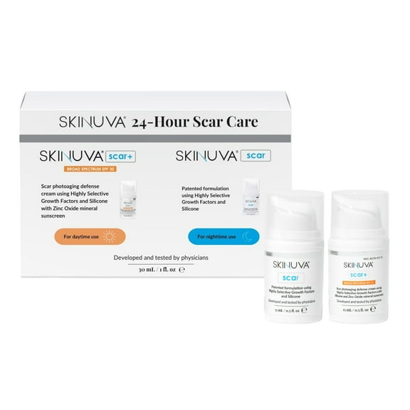 Skinuva 24 Hour Care Kit: Next Generation Scar (0.5 oz) & Next Generation Scar+ SPF 30 (0.5 oz) - Advanced Silicone Cream Matrix Formulated with Growth Factors & Helps Reduce the Appearance of Scars