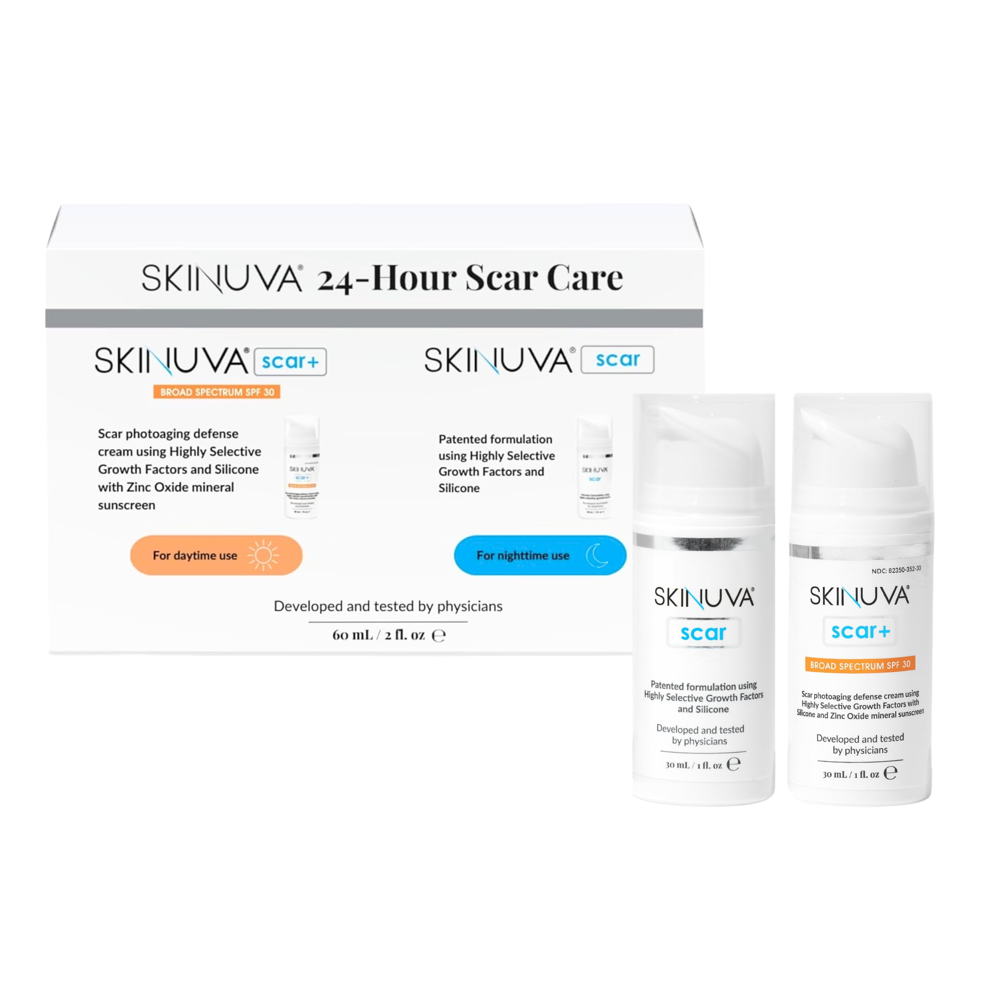 Skinuva 24 Hour Care Kit: Next Generation Scar (1 oz) & Next Generation Scar+ SPF 30 (1 oz) - Advanced Silicone Cream Matrix Formulated with Growth Factors & Helps Reduce the Appearance of Scars