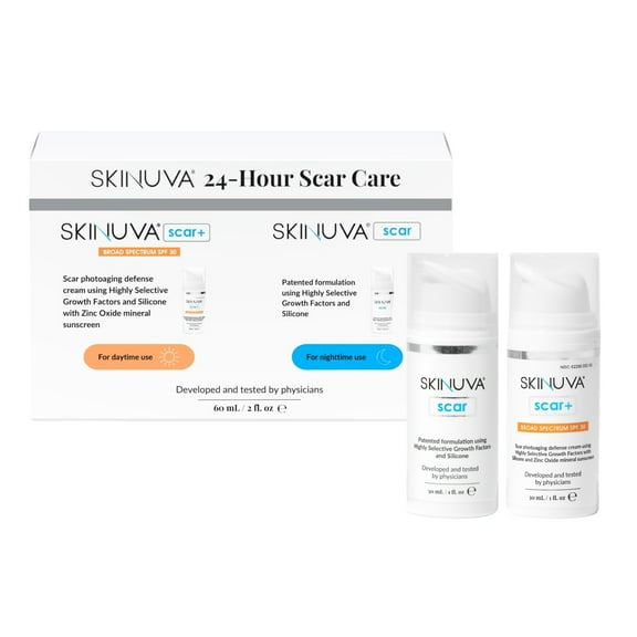 Skinuva® 24 Hour Care Kit: Next Generation Scar (1 oz) & Next Generation Scar+ SPF 30 (1 oz) - Advanced Silicone Cream Matrix Formulated with Growth Factors & Helps Reduce the Appearance of Scars