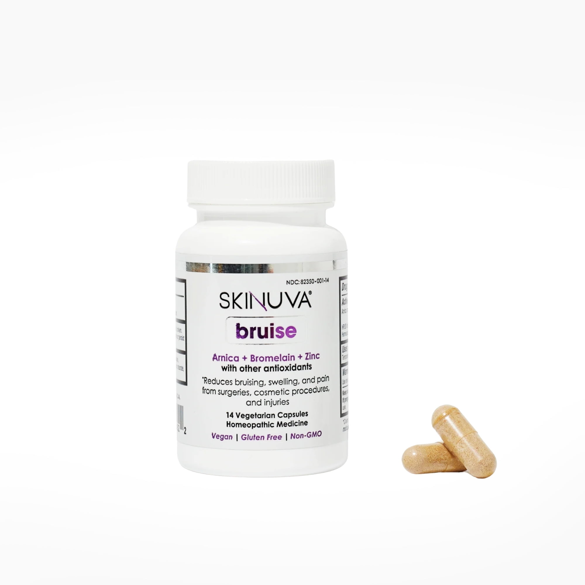 Skinuva Bruise, Arnica + Bromelain + Zinc Supplement for Bruising and Swelling, Homeopathic Bruise Remedy - 14 Capsules (7 Day Treatment)