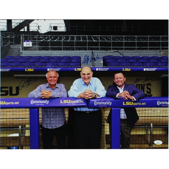 Skip Bertman, Jay Johnson, Paul Mainieri Autographed/Signed LSU Coaches Unframed 16x20 Baseball Dugout Photo