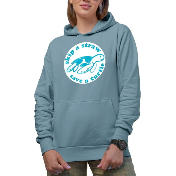 Skip a Straw, Save a Turtle, Earth Day & Environmentalist Art Merch Gift, Light Blue Hooded Sweatshirt or Hoodie, XL