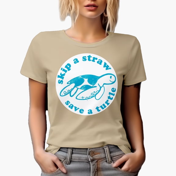 Skip a Straw, Save a Turtle, Earth Day & Environmentalist Art Merch Gift, Tan T-Shirt, XL