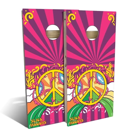Skip's Garage | 70s Peace Symbol Cornhole Board Set | Includes Boards & Bags | Choose Your Size & Accessories