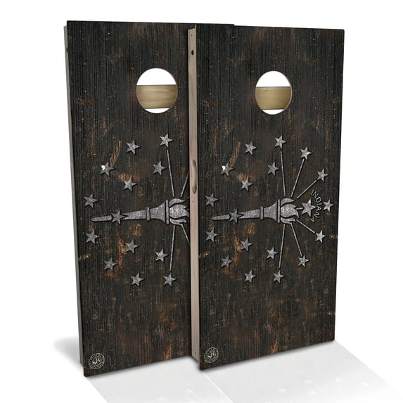 Skip's Garage | Indiana Flag Rustic Cornhole Board Set | Includes Boards & Bags | Choose Your Size & Accessories