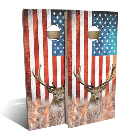 Skip's Garage American Flag Deer Big Buck Outdoor Cornhole Game (Choose Wraps or Boards) Include Case + Hole Lights Backyard 2x4