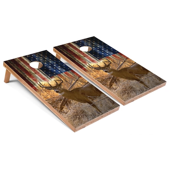 Skip's Garage | American Flag Deer Cornhole Boards | Includes (2) Boards, (8) Bags & Optional Accessories