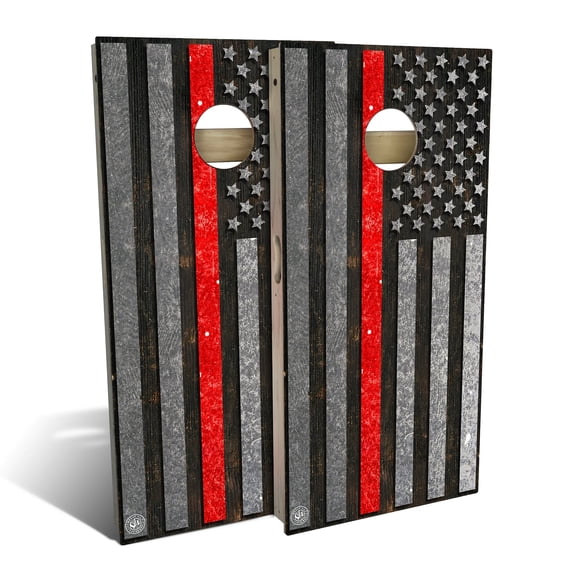 Skip's Garage | American Flag Thin Red Line Cornhole Board Set | Includes (2) Boards, (8) Bags & Optional Accessories