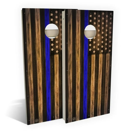 Skip's Garage Charred Police Thin Blue Line Solid Wood Cornhole Board Set