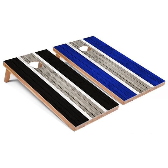 Skip's Garage | Black and Royal Striped Cornhole Boards | Includes (2) Boards, (8) Bags & Optional Accessories