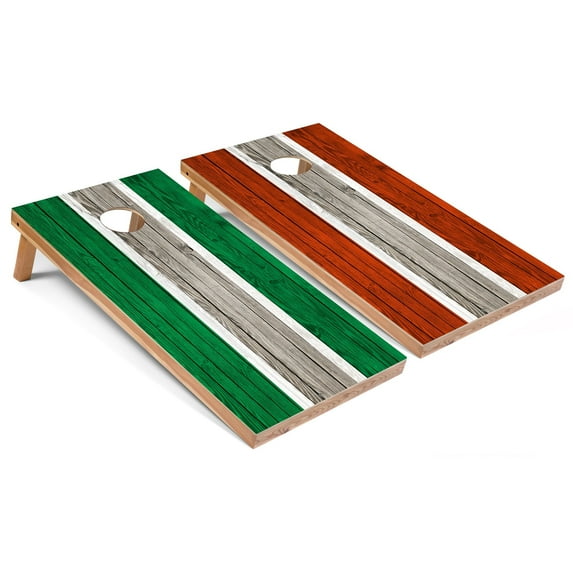 Skip's Garage | Kelly and Orange Striped Cornhole Boards | Includes (2) Boards, (8) Bags & Optional Accessories