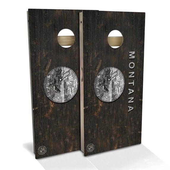 Skip's Garage | Montana Flag Rustic Cornhole Board Set | Includes Boards & Bags | Choose Your Size & Accessories