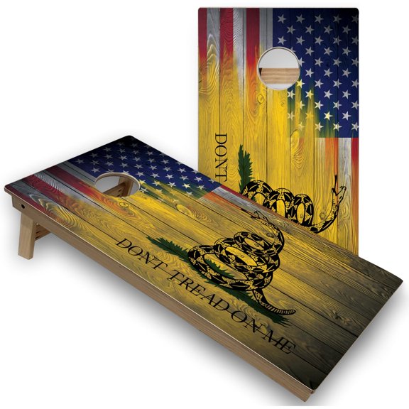 Skip's Garage | Gadsden & USA Flag Cornhole Boards | Includes (2) Boards, (8) Bags & Optional Accessories