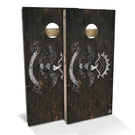 Skip's Garage | North Dakota Flag Vintage Cornhole Board Set | Includes Boards & Bags | Choose Your Size & Accessories