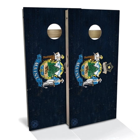 Skip's Garage Maine Flag Outdoor Cornhole Board Set Include Case + Hole Lights Backyard 2x4