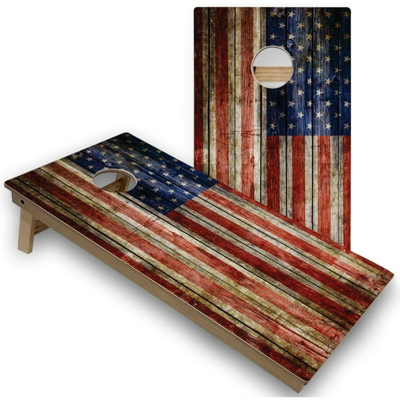 Skip's Garage | American Flag Rustic Cornhole Boards | Includes (2) Boards, (8) Bags & Optional Accessories