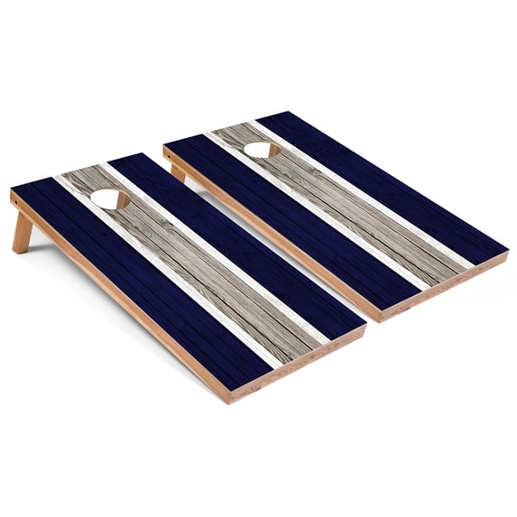 Skip's Garage | Navy Striped Cornhole Boards | Includes (2) Boards, (8) Bags & Optional Accessories