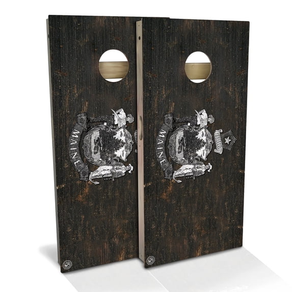 Skip's Garage | Maine Flag Rustic Cornhole Board Set | Includes Boards & Bags | Choose Your Size & Accessories